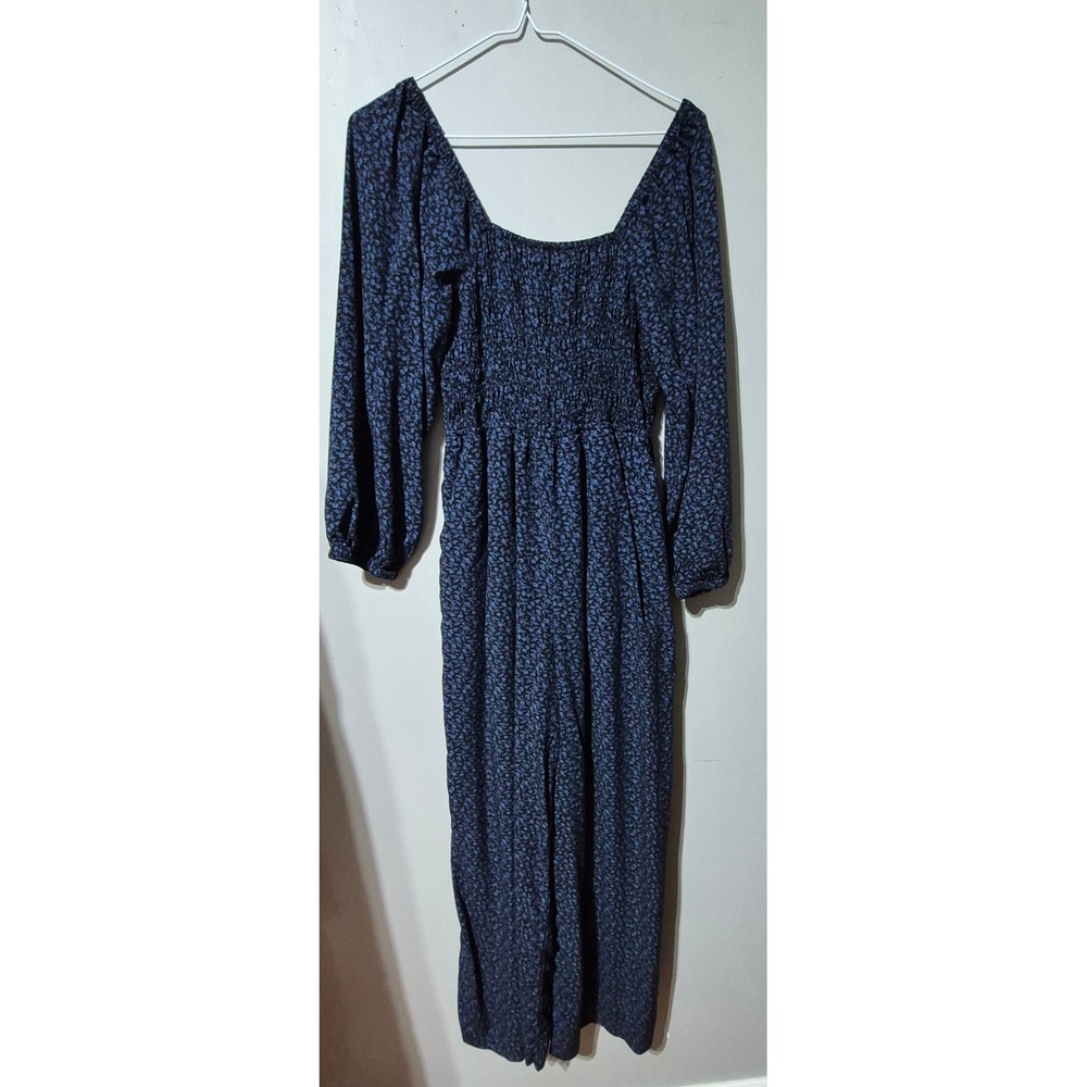 Madewell Smocked Long Sleeve Jumpsuit Navy Floral Tie Back Size 6 CKP468370553